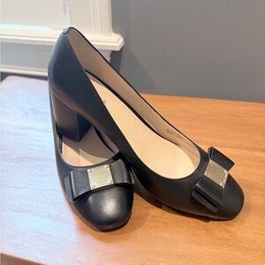Cole Haan Black Leather Block Heel Pumps with Bow Accent